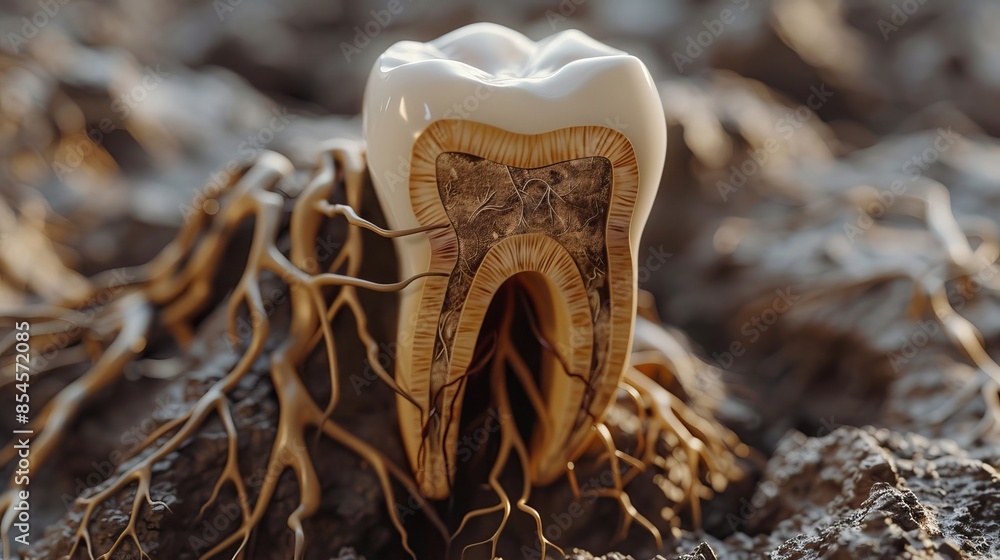 Brown Tooth Roots Model of a tooth with root inflammation, detailed depiction, tree roots ...