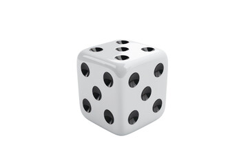 Close-up of a white dice with black dots showing the number six, isolated on a white background.