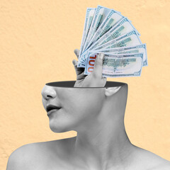 Wall Mural - A woman's head is cut off and replaced with a pile of money