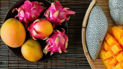 Wall Mural - A bamboo mat serves as the tableware for a black plate adorned with mangoes and dragon fruit, creating a colorful and vibrant display of tropical ingredients AIG50