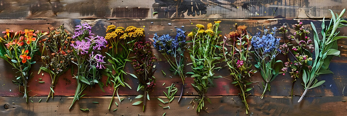 Wall Mural - medicinal flowers on the table top view. 