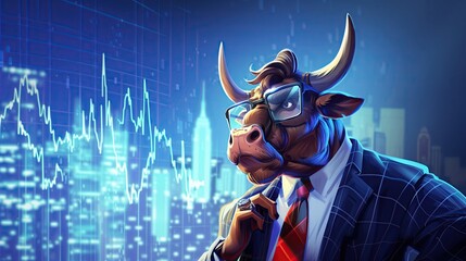 Wall Mural - Bull businessman in suit and glasses is looking at financial chart of stock market on stock market graph background.