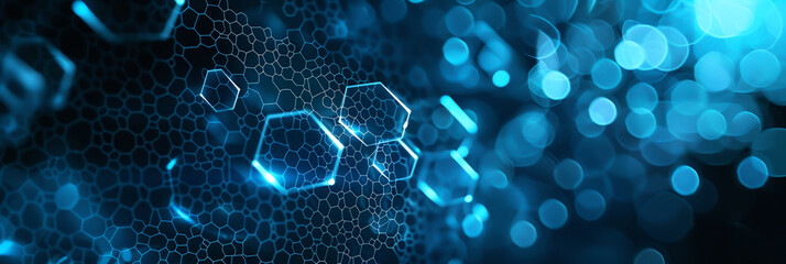 Tech-themed banner featuring illuminated hexagonal abstract background.