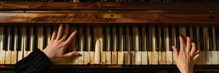 Canvas Print - top view of the keyboard of a grandpiano with the fingers of a female pianist