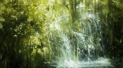 Wall Mural - A magnificent waterfall flowing through a lush forest, surrounded by towering trees and vibrant terrestrial plants, creating a stunning natural landscape AIG50