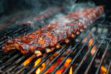 Canvas Print - A close-up view of barbecue ribs being grilled over hot charcoal, with smoke rising from the grill