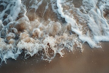 Wall Mural - An aerial photo showcasing a close-up view of foamy ocean waves crashing onto a sandy shore