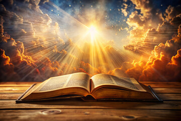 Wall Mural - Open Bible with radiant light beams and glowing particles, symbolizing divine inspiration and spiritual enlightenment.