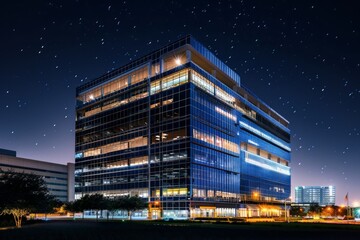 Wall Mural - A modern office building stands tall against a starry night sky, showcasing its innovative lighting design