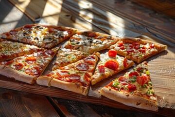 Wall Mural - Several slices of freshly baked pizza with various toppings arranged on a wooden table in the sunlight
