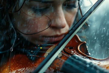 Wall Mural - Young tourist man playing on violin in rainy city generative AI