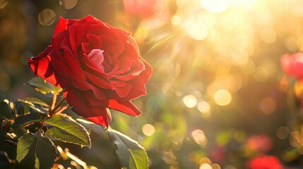 Red rose shining in sunlight with clear red and graceful form