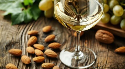 Wall Mural - White wine and almonds on a wooden table