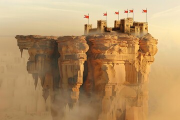 Wall Mural - A mirage of a medieval castle with flags waving atop desert cliffs