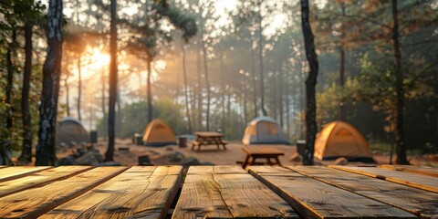 Wall Mural - Wooden Picnic Table in a Morning Forest Campsite
