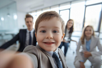 Wall Mural - AI generated picture of adorable small cute child office worker indoors
