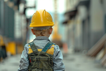 Wall Mural - AI generated image of little cute child builder wearing helmet and costume like an adult