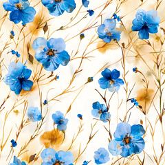 Wall Mural - Blue flower pattern on white background, inspired by botany and textile design