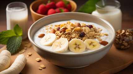 Wall Mural - A bowl filled with oatmeal topped with colorful fresh fruit and crunchy nuts. The concept of a healthy breakfast.