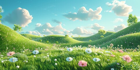 3d cartoon style, photographic background for children, green hills with small flowers, the sky is blue and there are small white clouds, light delicate, pastel colors, 2:1, landingpage