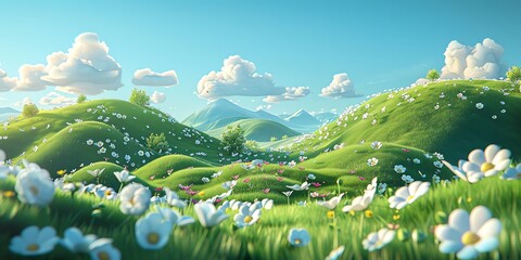 3d cartoon style, photographic background for children, green hills with small flowers, the sky is blue and there are small white clouds, light delicate, pastel colors, 2:1, landingpage