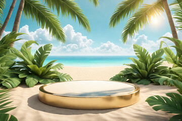  Beach podium summer background sand product 3D sea display platform. Beach podium summer banner stand scene sale sky holiday vacation stage water island sun travel pedestal promotion presentation ad.