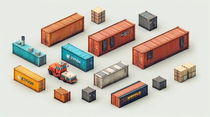 Wall Mural - A detailed graphic showing various types of shipping containers and cargo logistics elements in an isometric 3D style  The image includes containers of different sizes colors and designs