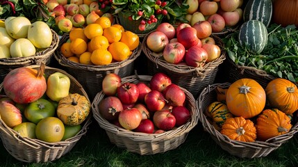 Wall Mural - Assortment of fresh fruits and vegetables arranged in baskets and displayed on a grassy surface, with apples, oranges, pomegranates, and various types of pumpkins prominently featured.