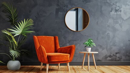 Poster - Modern living room with orange armchair, minimalist decor, and indoor plants. Contemporary style furniture for home interiors. Cozy and inviting space for relaxation and leisure. AI