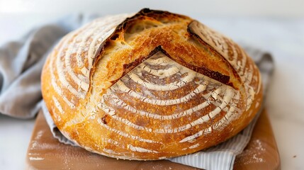 Close-up of round sourdough bread loaf with cracked crust, showcasing artisanal craftsmanship and airy interior