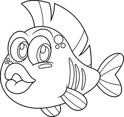 Poster - Outlined Cute Fish Cartoon Character Swims Underwater. Vector Hand Drawn Illustration Isolated On Transparent Background