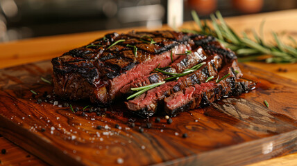Wall Mural - Grilled steak slices garnished with rosemary on a wooden board.