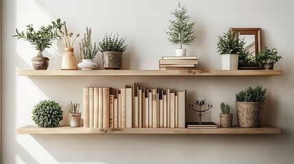 Cozy Minimalist Home Decor Shelves Displaying Houseplants and Books.Zoom Virtual Background, Cozy Interior Backdrop, Living Room Background, Virtual Meetings