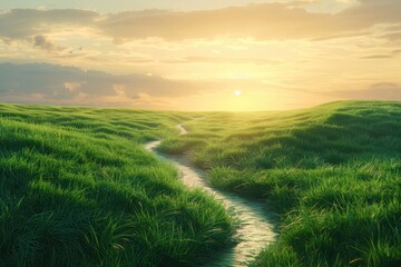 scenic winding path through a field of green grass in the morning. beautiful natural image