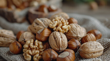 Wall Mural - A close-up of mixed hazelnuts and walnuts in shells on a rustic fabric.