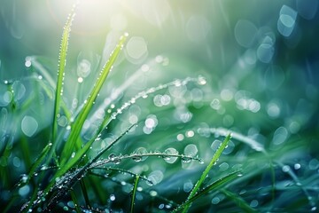 Grass with transparent drops of dew on summer morning sparkles in sunlight in nature. Fresh grass with water drops. Blurred background light green color. Macro.
