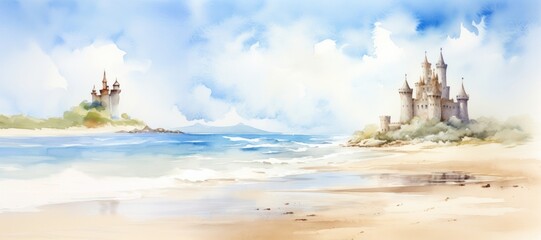 Wall Mural - Beach with sand castle landscape painting outdoors.