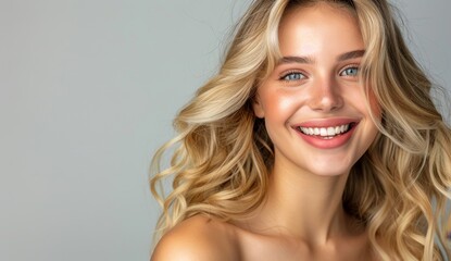 Wall Mural - An attractive blonde woman with curly, beautiful hair is smiling on a gray background.