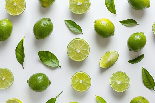 Whole and sliced limes isolated on white background. Fresh limes collection.