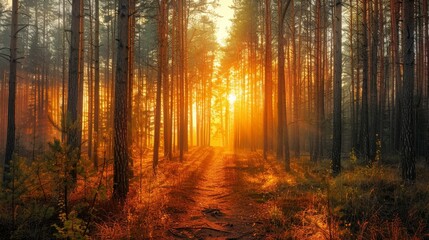 Beautiful bright sun rays in a silent forest in spring