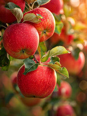 Red apples hanging on tree branches, sunlit orchard background