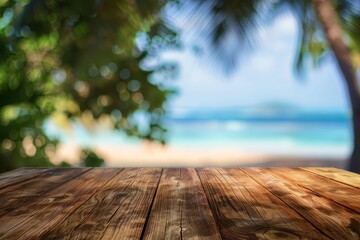 Summer vacation background concept with wood table top with seascape and palm leaves and bokeh light of calm sea and sky on tropical beach background. Ready for your product display montage.