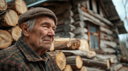 Photograph of an old man planning a wooden house to build a house.