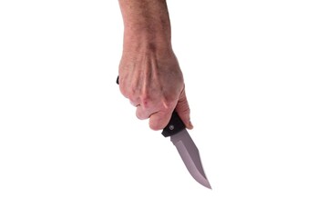 Closeup of man´s hand and switchblade knife isolated on white background.