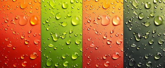 Wall Mural - Liquid realistic 3D water drops over red, orange, yellow, and green backgrounds.