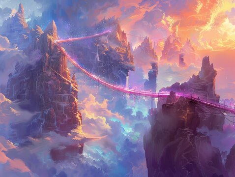 Floating mountains suspended in mid-air, connected by winding bridges of light, set against a backdrop of a colorful, ethereal sky, creating a fantastical landscape 