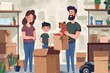 © Divyesh - Husband and wife and their son with pet moving in new home, Generative AI