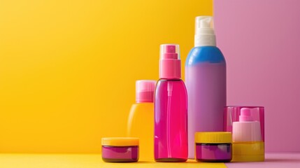 Wall Mural - Colorful spray bottles and plastic pot for skincare and beauty products isolated on a colored background with copy space