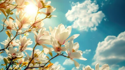 Wall Mural - Seasonal White Magnolia Tree Blossom under Sunny Blue Skies in Europe