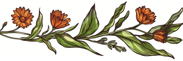 The Calendula plant with beautiful flowers and leaves, a modern hand drawn blossom orange daisy, tea plant, organic herb